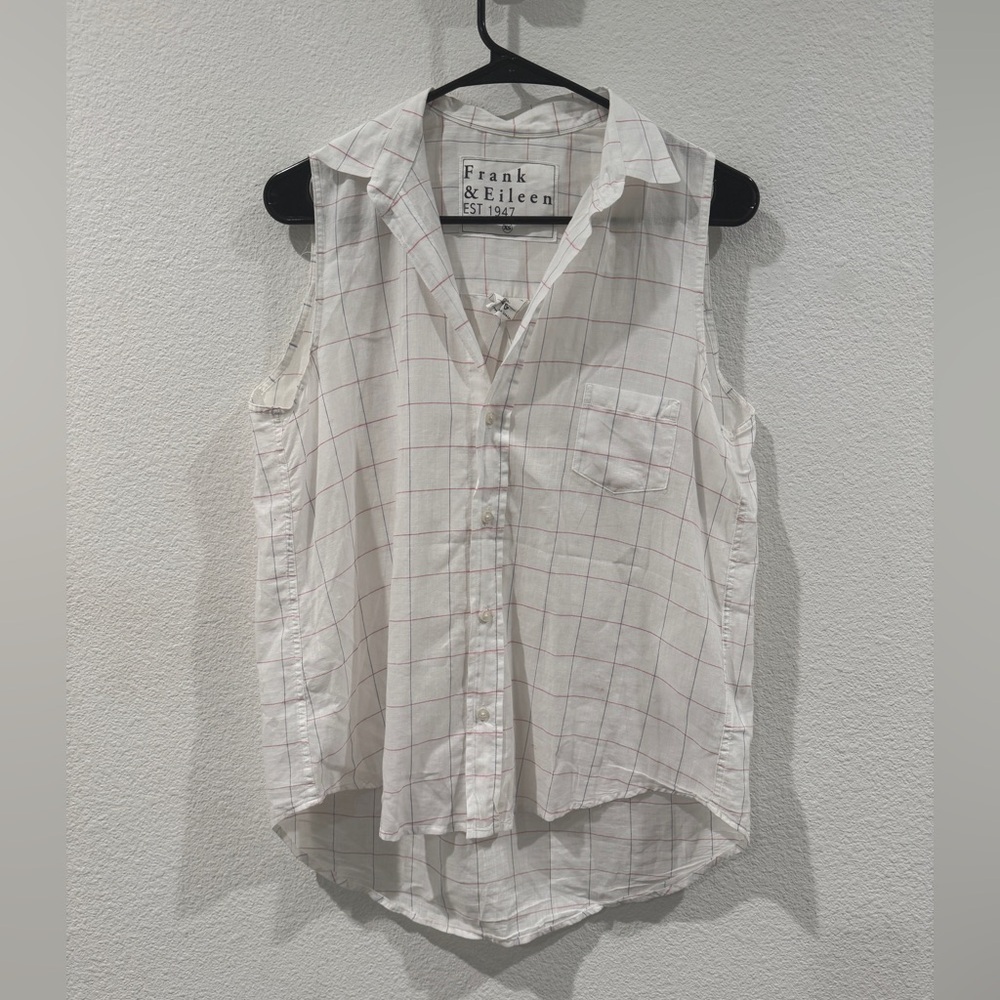 Frank & Eileen Fiona Sleeveless Button-Up Collared White Plaid Cotton Shirt XS